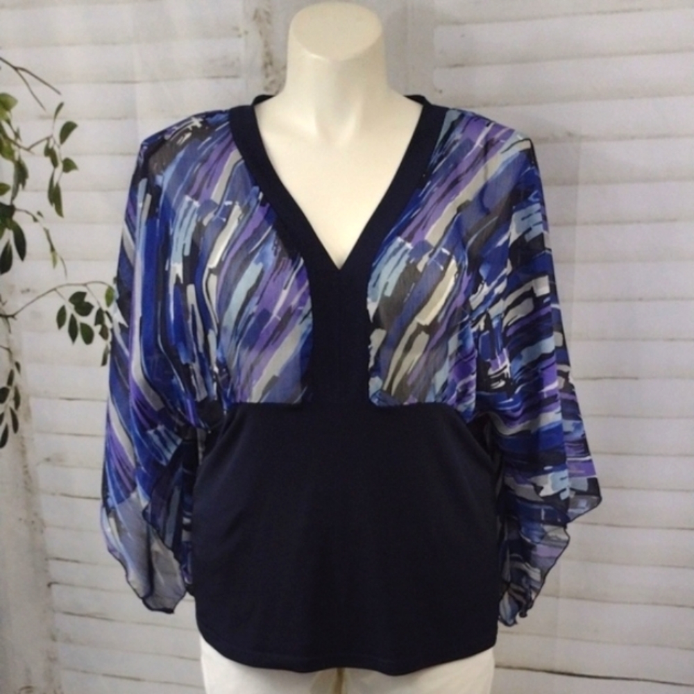 Lane Bryant Blue and Purple Flutter Sleeve Blouse with Relaxed Fit Size …